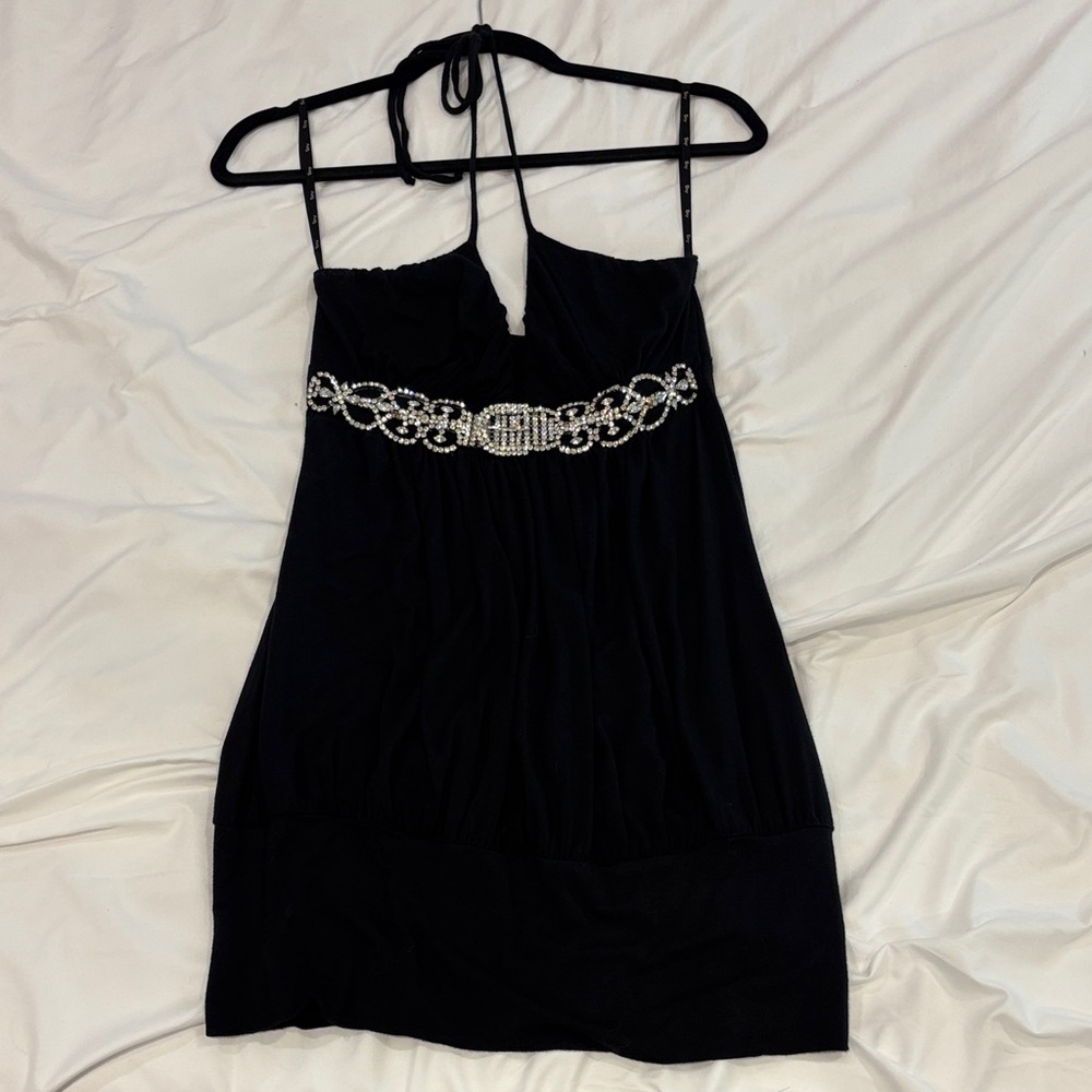 Sky Black Halter Top with Silver Embellishments and cinched bottom